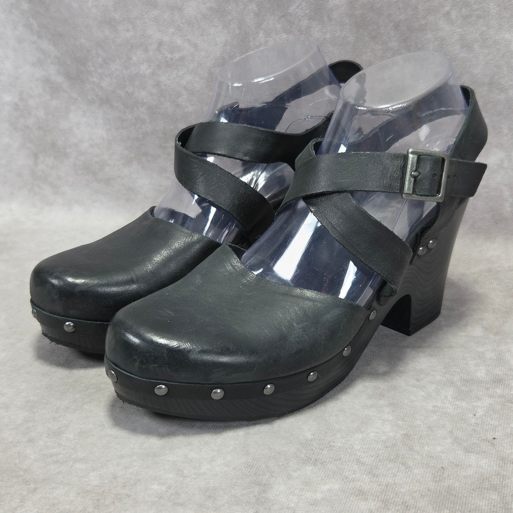 Korks Black Leather Studded Platform Clogs Mary Jane Heels Womens 9.5M Q43403